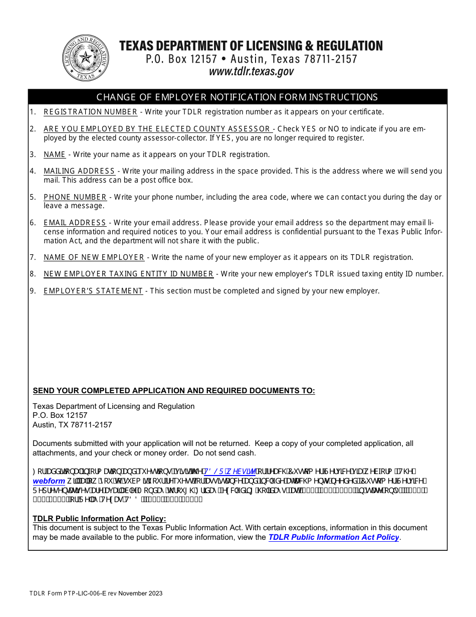 TDLR Form PTP-LIC-006-E Change of Employer Notification Form - Texas, Page 1
