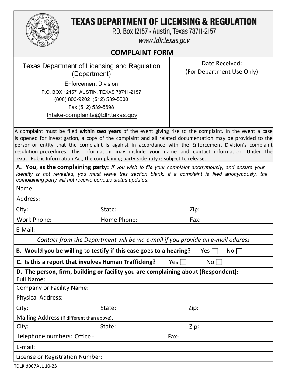 TDLR Form D007ALL Complaint Form - Texas, Page 1