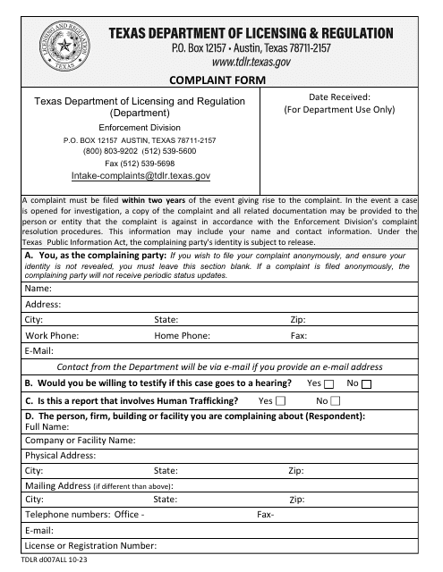 TDLR Form D007ALL Complaint Form - Texas