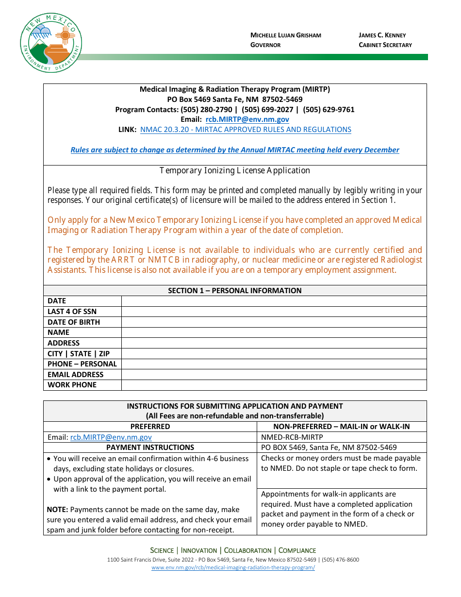 Temporary Ionizing License Application - Medical Imaging  Radiation Therapy Program (Mirtp) - New Mexico, Page 1