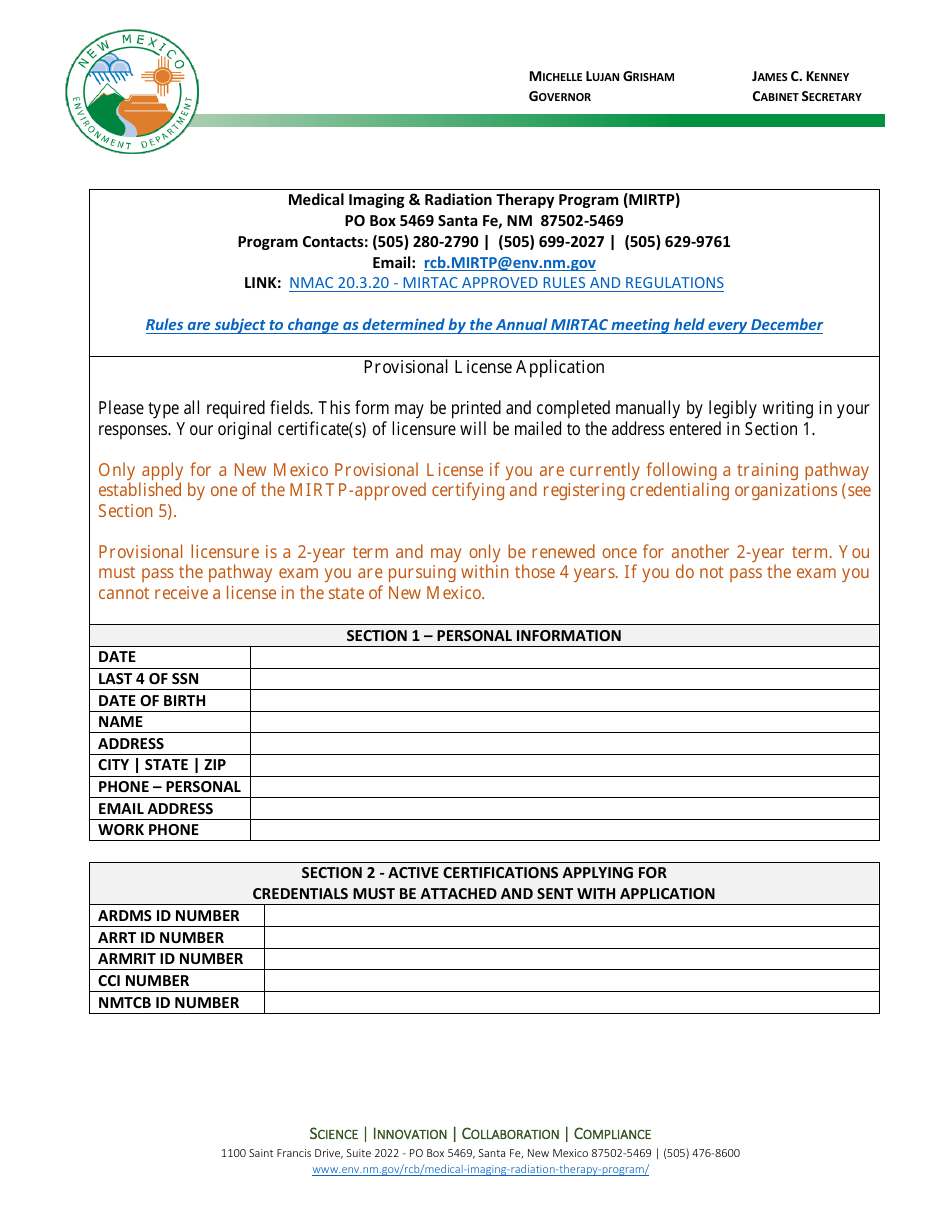 Provisional License Application - Medical Imaging  Radiation Therapy Program (Mirtp) - New Mexico, Page 1