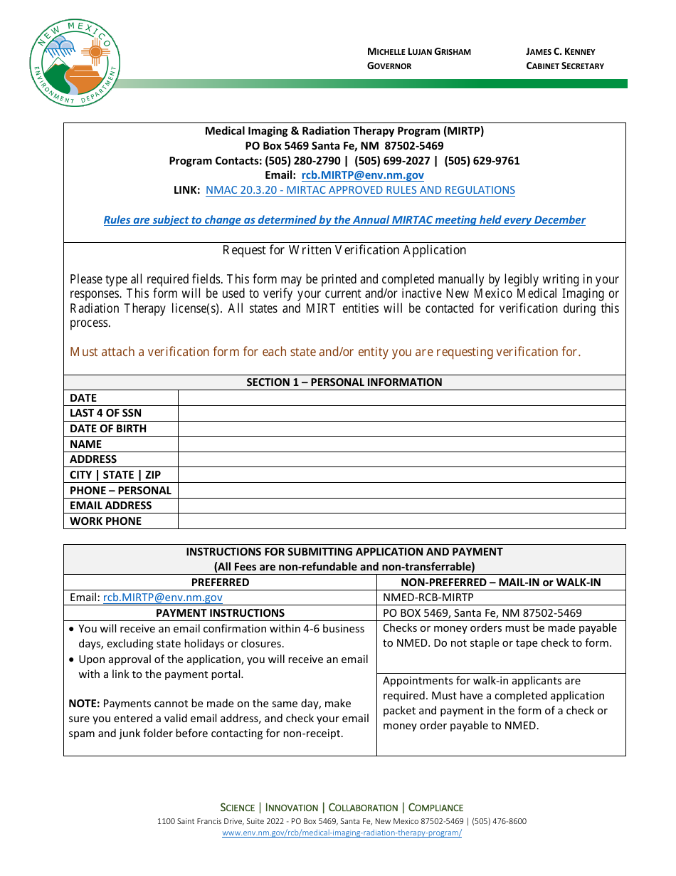 Request for Written Verification Application - Medical Imaging  Radiation Therapy Program (Mirtp) - New Mexico, Page 1