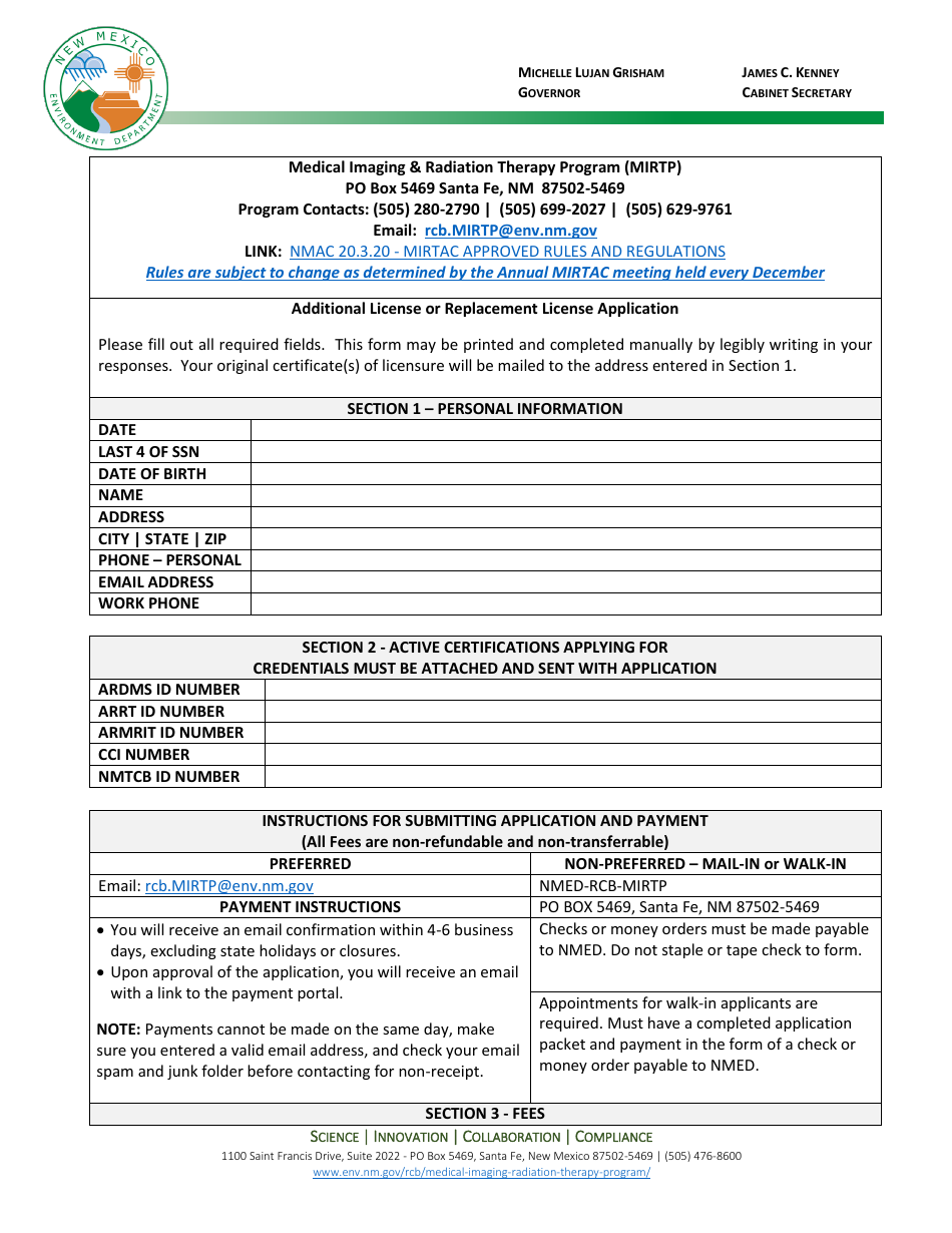 Additional License or Replacement License Application - Medical Imaging  Radiation Therapy Program (Mirtp) - New Mexico, Page 1