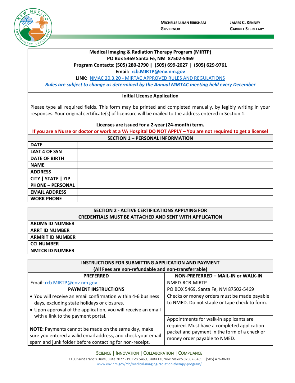 Initial License Application - Medical Imaging  Radiation Therapy Program (Mirtp) - New Mexico, Page 1