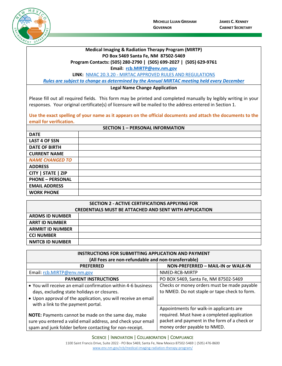 Legal Name Change Application - Medical Imaging  Radiation Therapy Program (Mirtp) - New Mexico, Page 1