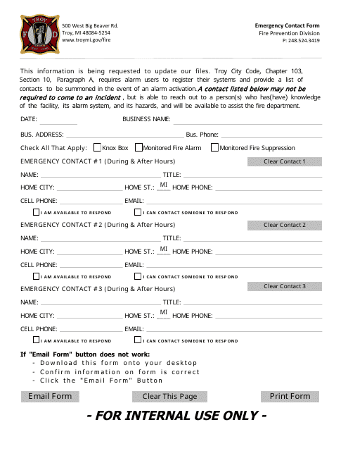 Emergency Contact Form - City of Troy, Michigan