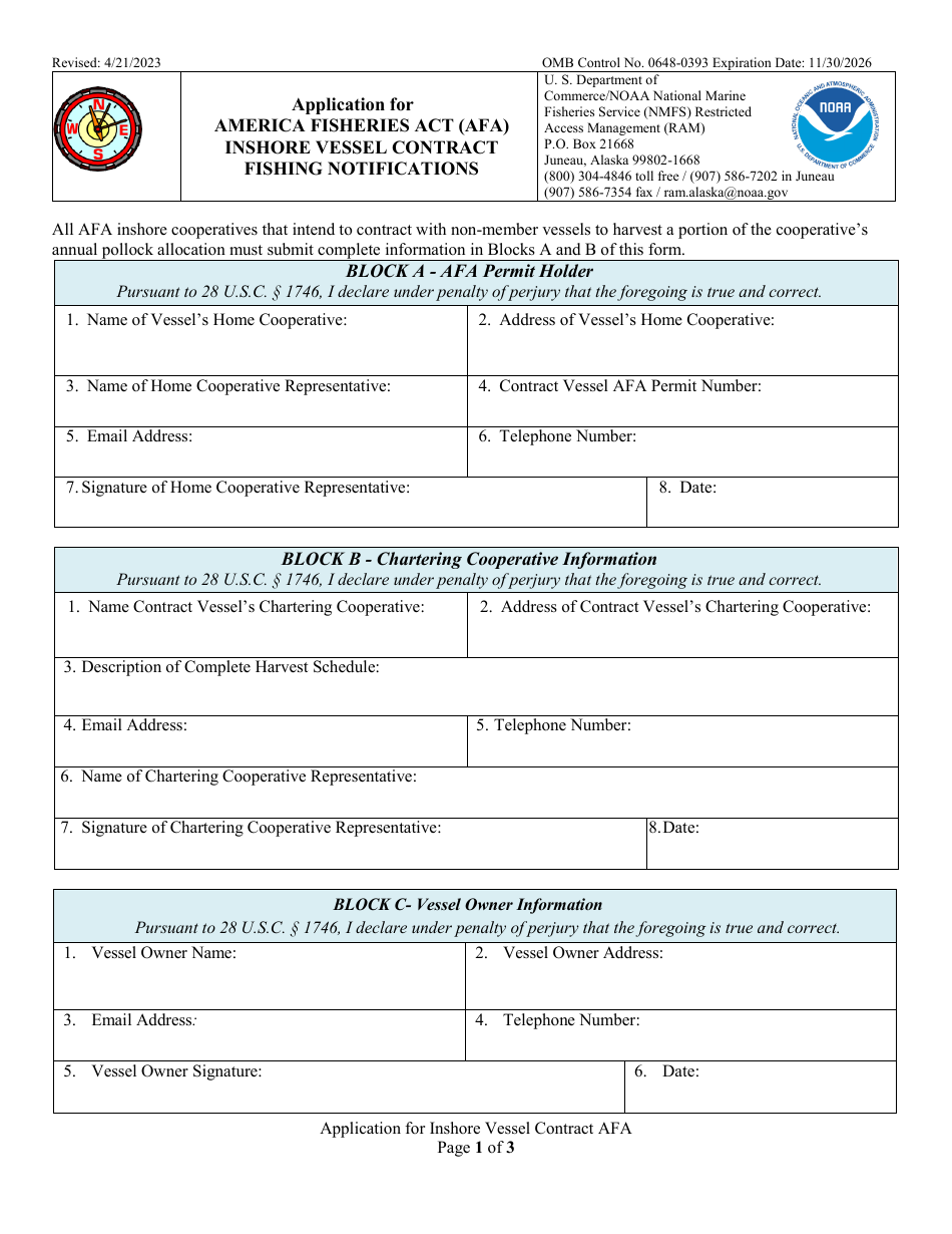Application for America Fisheries Act (Afa) Inshore Vessel Contract Fishing Notifications, Page 1