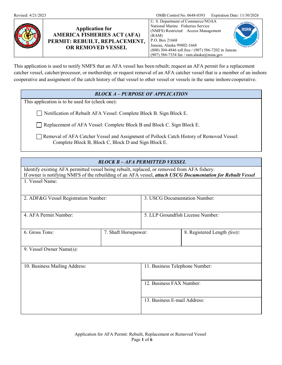 Application for America Fisheries Act (Afa) Permit: Rebuilt, Replacement, or Removed Vessel, Page 1