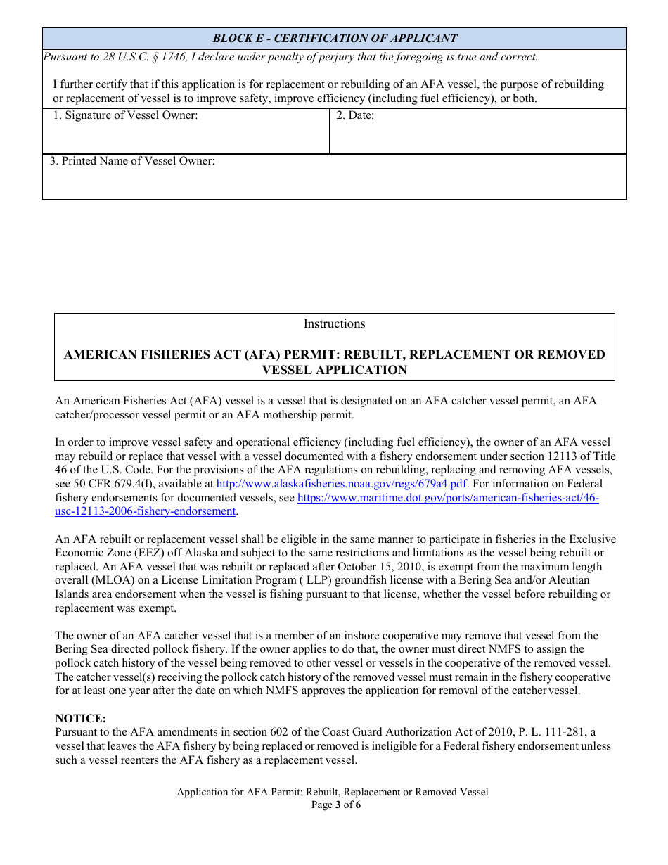 Application for America Fisheries Act (Afa) Permit: Rebuilt, Replacement, or Removed Vessel, Page 3