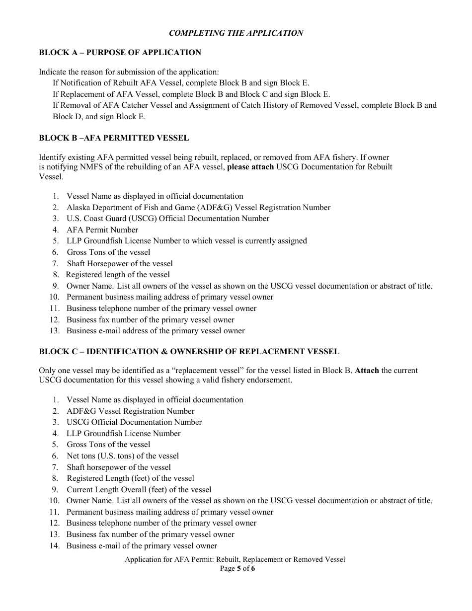 Application for America Fisheries Act (Afa) Permit: Rebuilt, Replacement, or Removed Vessel, Page 5