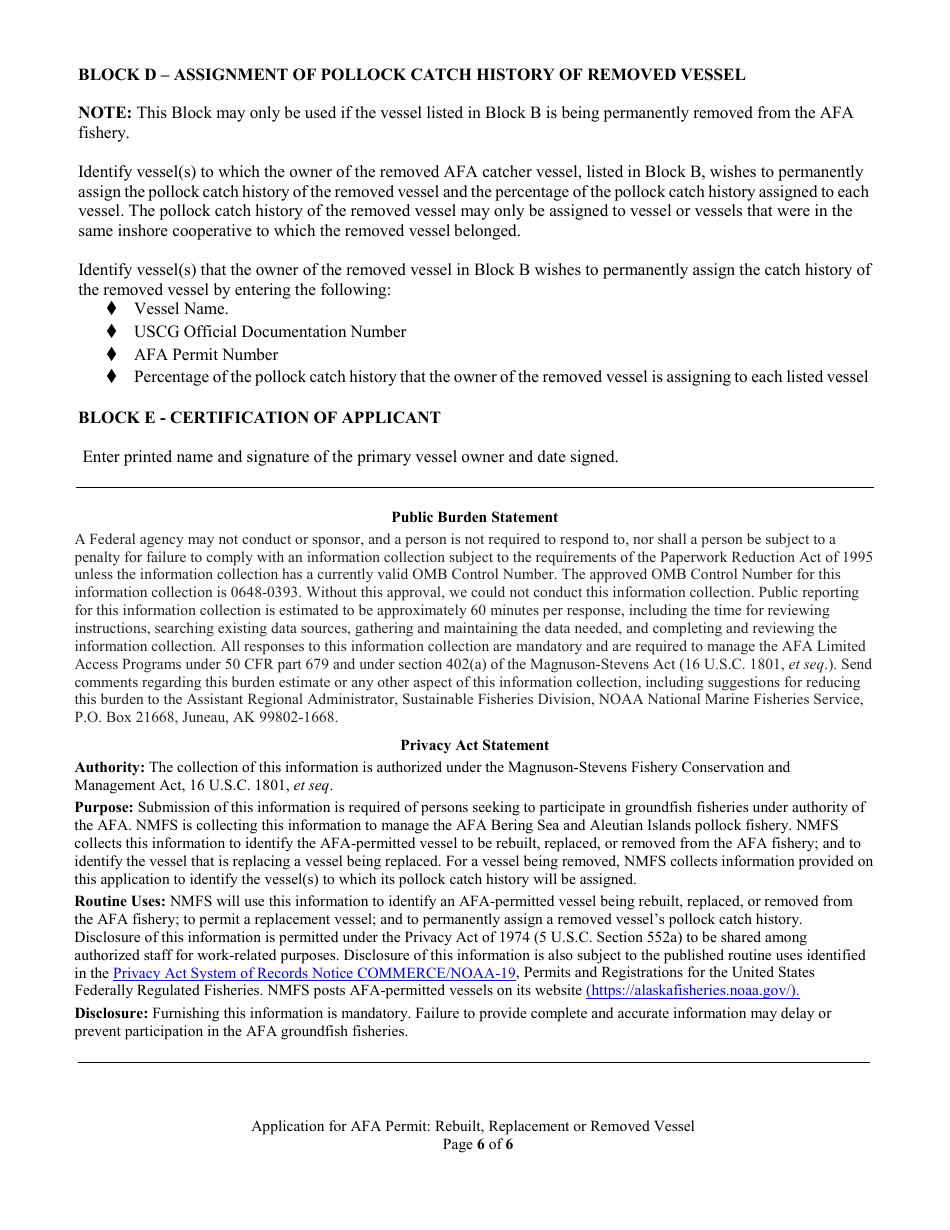 Application for America Fisheries Act (Afa) Permit: Rebuilt, Replacement, or Removed Vessel, Page 6