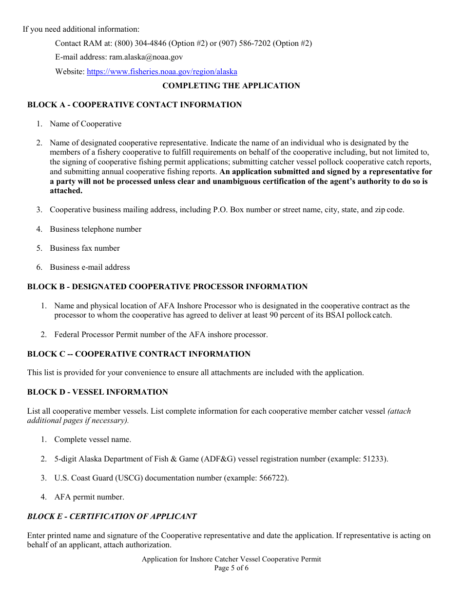 Application for American Fisheries Act (Afa) Inshore Catcher Vessel Cooperative Permit, Page 5