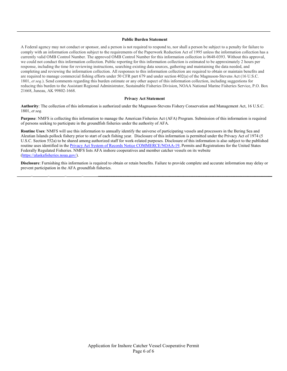 Application for American Fisheries Act (Afa) Inshore Catcher Vessel Cooperative Permit, Page 6