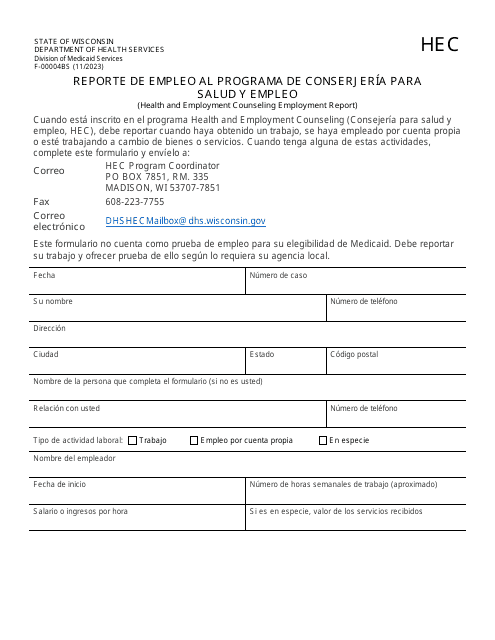 Formulario F-00004BS Reporte De Empleo Al Programa De Conserjeria Para Salud Y Empleo - Wisconsin (Spanish)