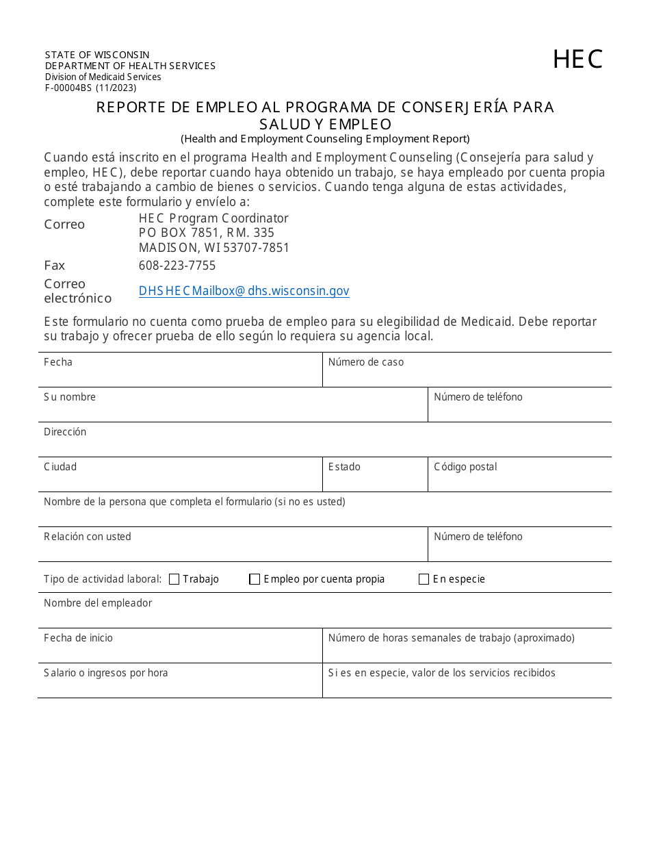 Formulario F-00004BS Reporte De Empleo Al Programa De Conserjeria Para Salud Y Empleo - Wisconsin (Spanish), Page 1
