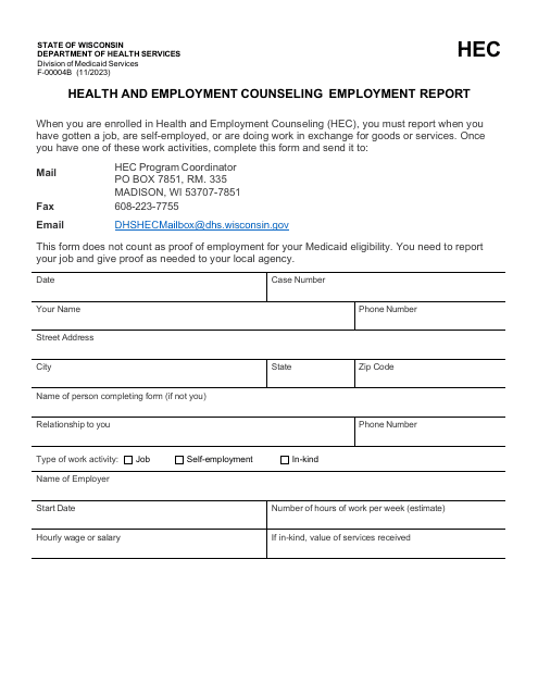 Form F-00004B Health and Employment Counseling Employment Report - Wisconsin