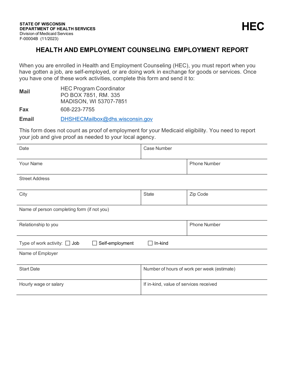 Form F-00004B Health and Employment Counseling Employment Report - Wisconsin, Page 1
