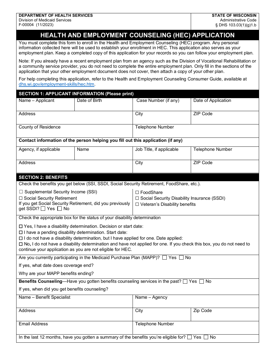 Form F-00004 Health and Employment Counseling (Hec) Application - Wisconsin, Page 1