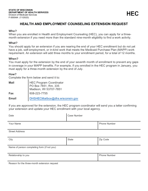 Form F-00004A Health and Employment Counseling Extension Request - Wisconsin