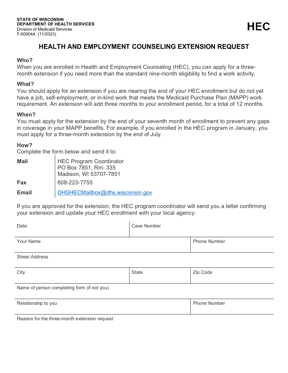 Form F-00004A Health and Employment Counseling Extension Request - Wisconsin, Page 1