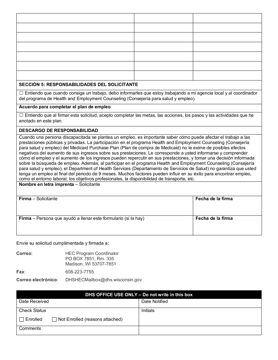 Formulario F-00004S Solicitud Para El Programa De Consejeria Para Salud Y Empleo (Hec) - Wisconsin (Spanish), Page 4