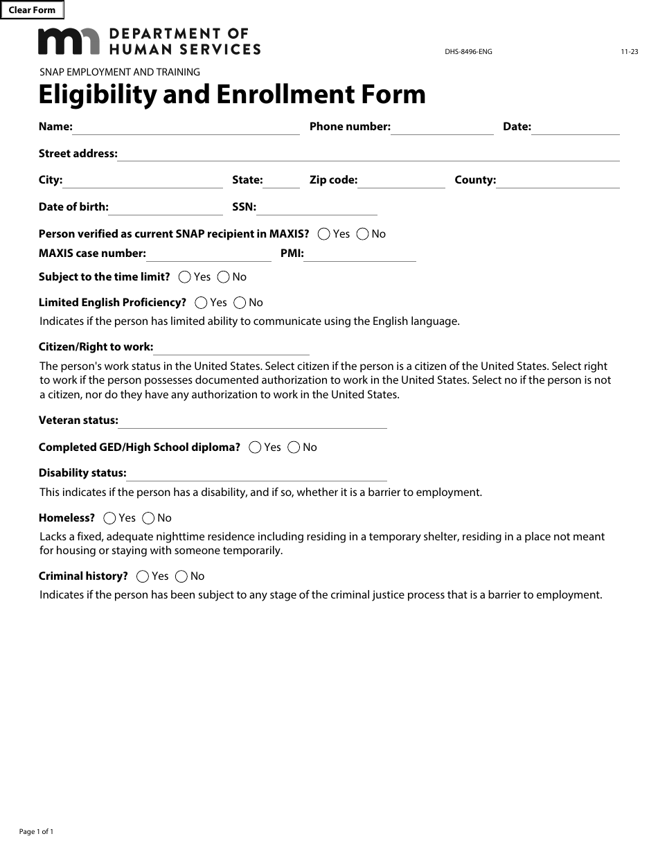 Form DHS-8496-ENG Eligibility and Enrollment Form - Minnesota, Page 1