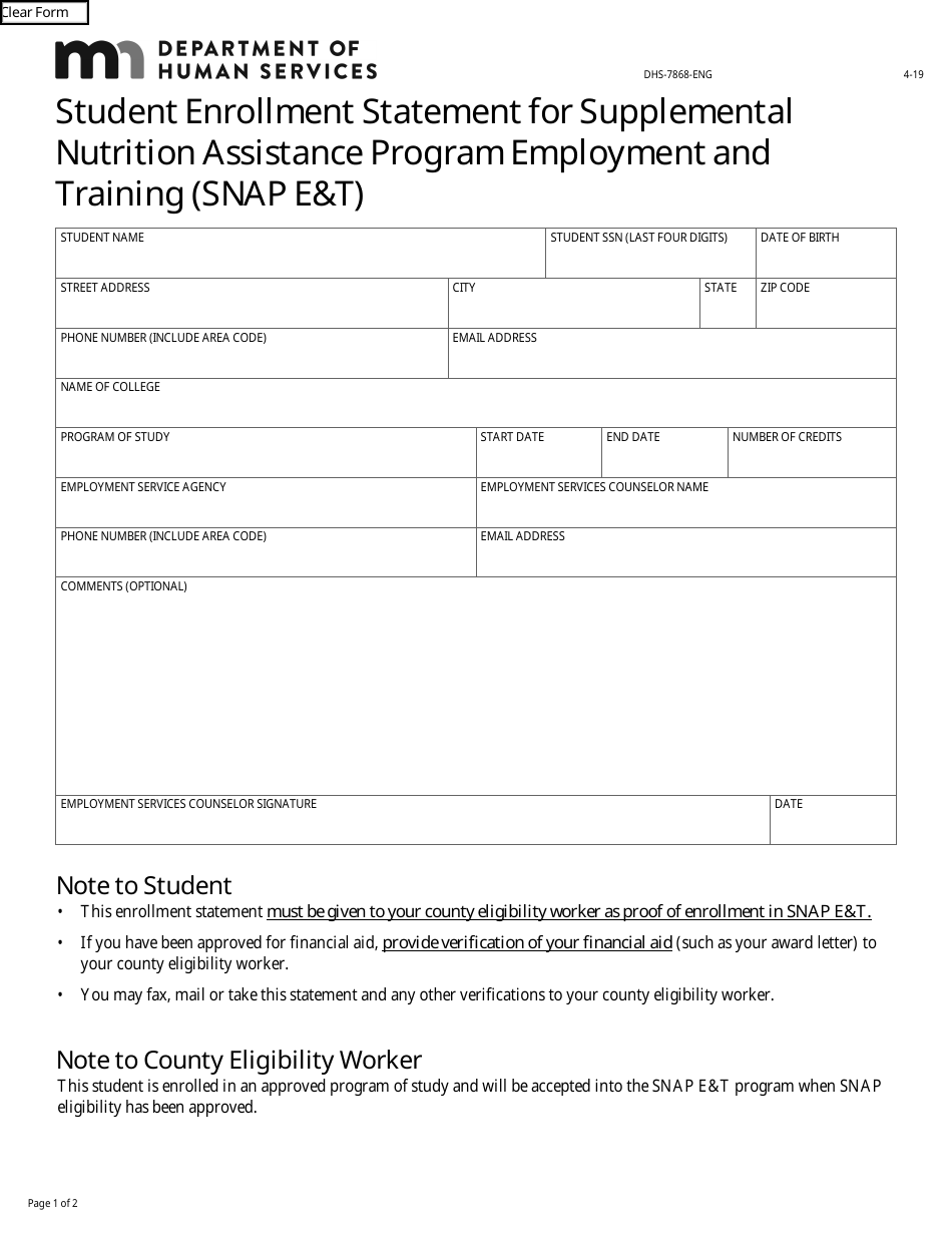 Form DHS-7868-ENG Student Enrollment Statement for Supplemental Nutrition Assistance Program Employment and Training (Snap Et) - Minnesota, Page 1