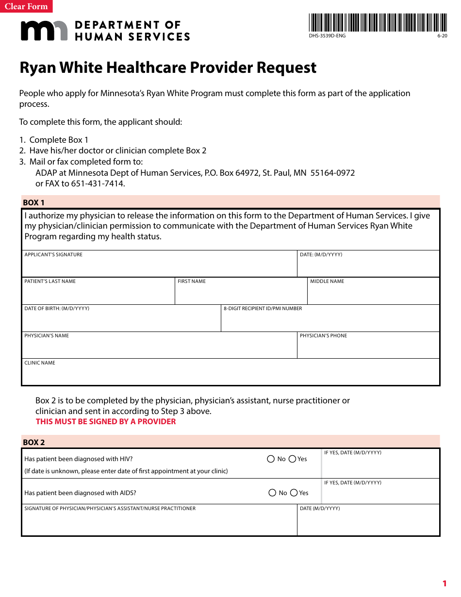 Form DHS-3539D-ENG Ryan White Healthcare Provider Request - Minnesota, Page 1
