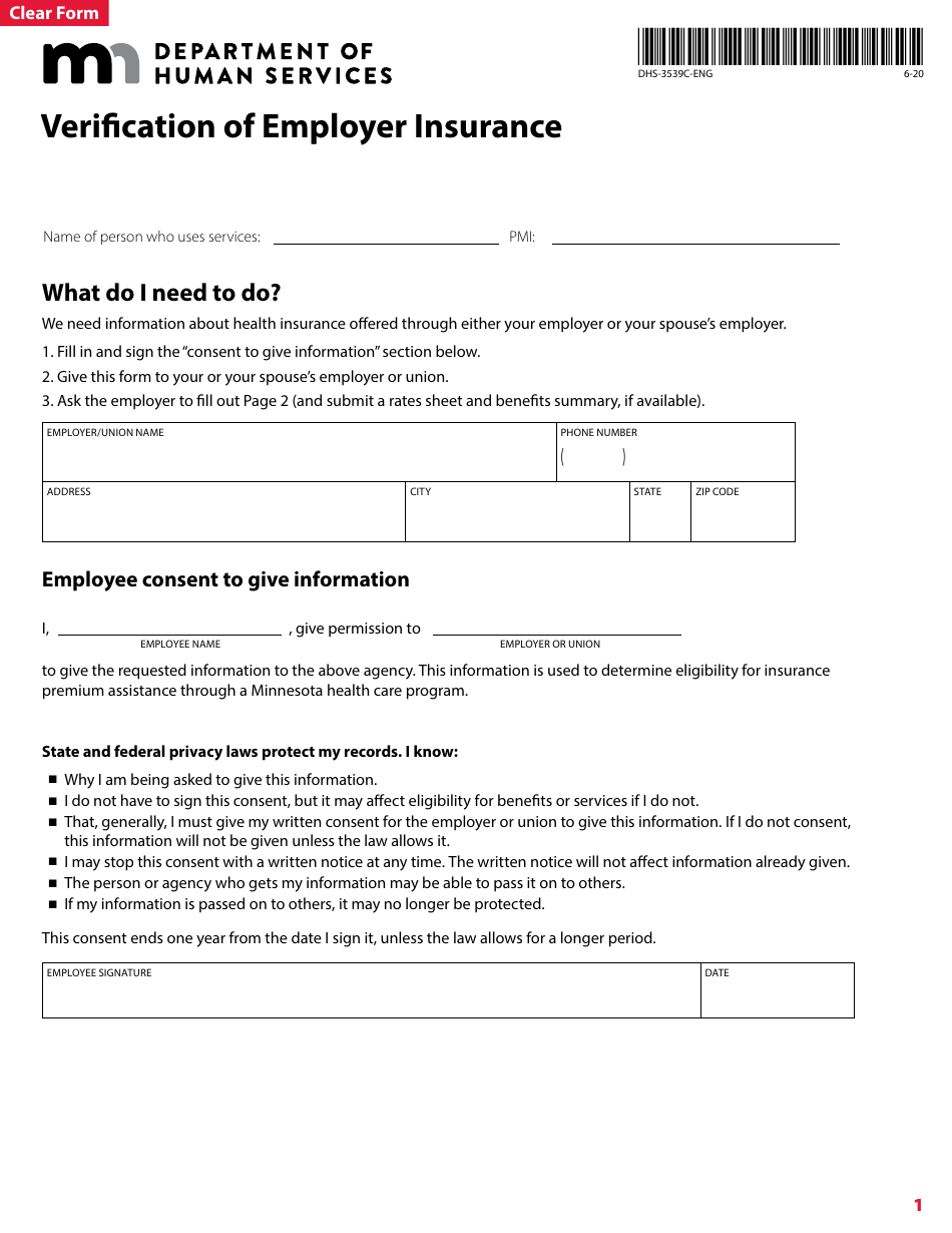 Form DHS-3539C-ENG Verification of Employer Insurance - Minnesota, Page 1