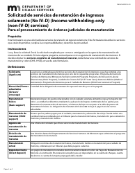 Formulario DHS-3164-SPA Solicitud De Servicios De Retencion De Ingresos Solamente (No IV-D) (Para El Procesamiento De Ordenes Judiciales De Manutencion) - Minnesota (Spanish)