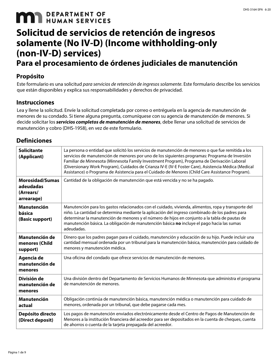 Formulario DHS-3164-SPA Solicitud De Servicios De Retencion De Ingresos Solamente (No IV-D) (Para El Procesamiento De Ordenes Judiciales De Manutencion) - Minnesota (Spanish), Page 1