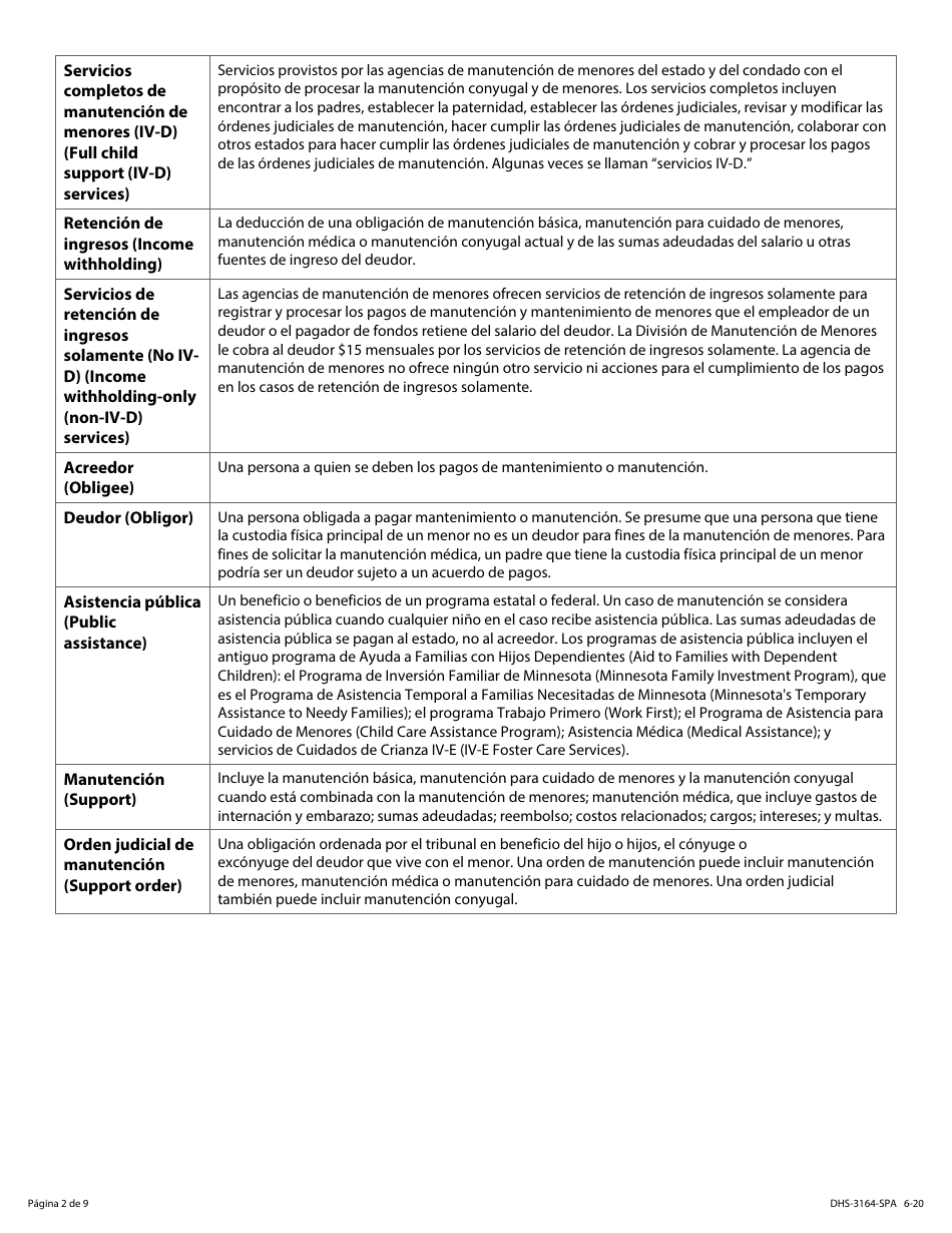 Formulario DHS-3164-SPA Solicitud De Servicios De Retencion De Ingresos Solamente (No IV-D) (Para El Procesamiento De Ordenes Judiciales De Manutencion) - Minnesota (Spanish), Page 2