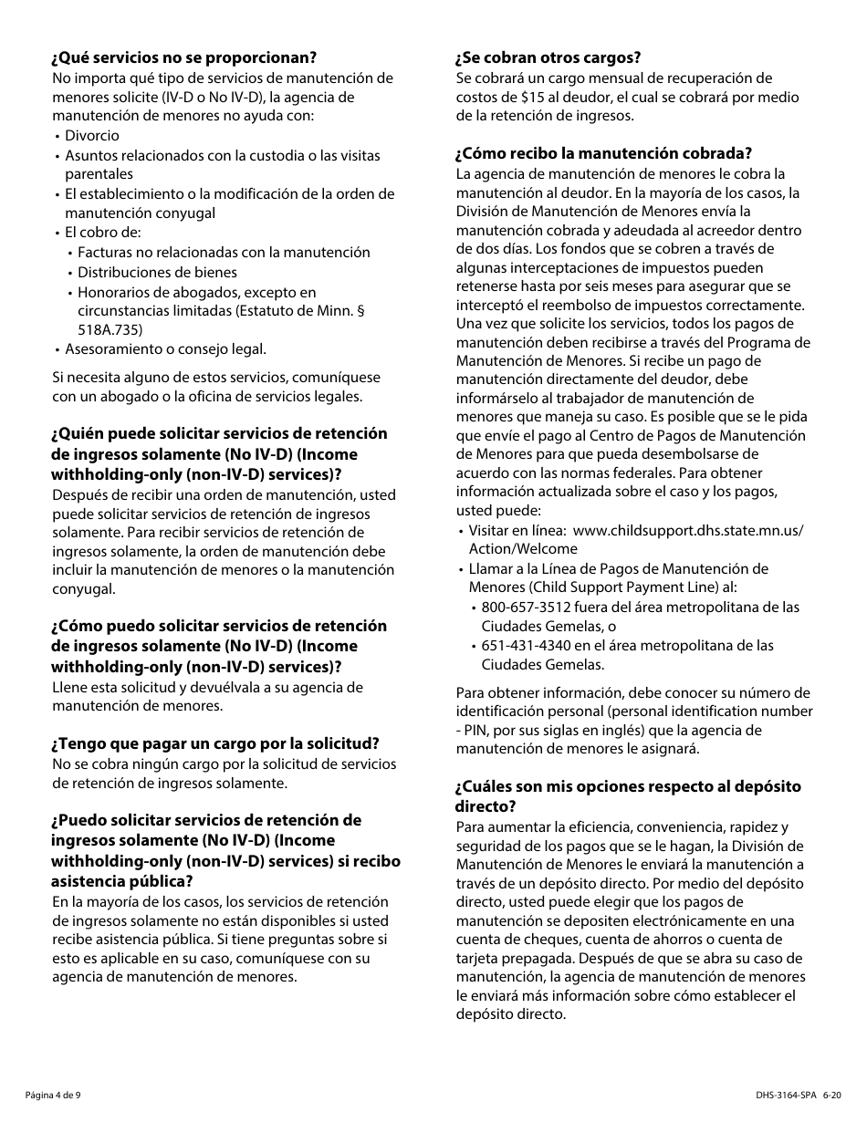 Formulario DHS-3164-SPA Solicitud De Servicios De Retencion De Ingresos Solamente (No IV-D) (Para El Procesamiento De Ordenes Judiciales De Manutencion) - Minnesota (Spanish), Page 4