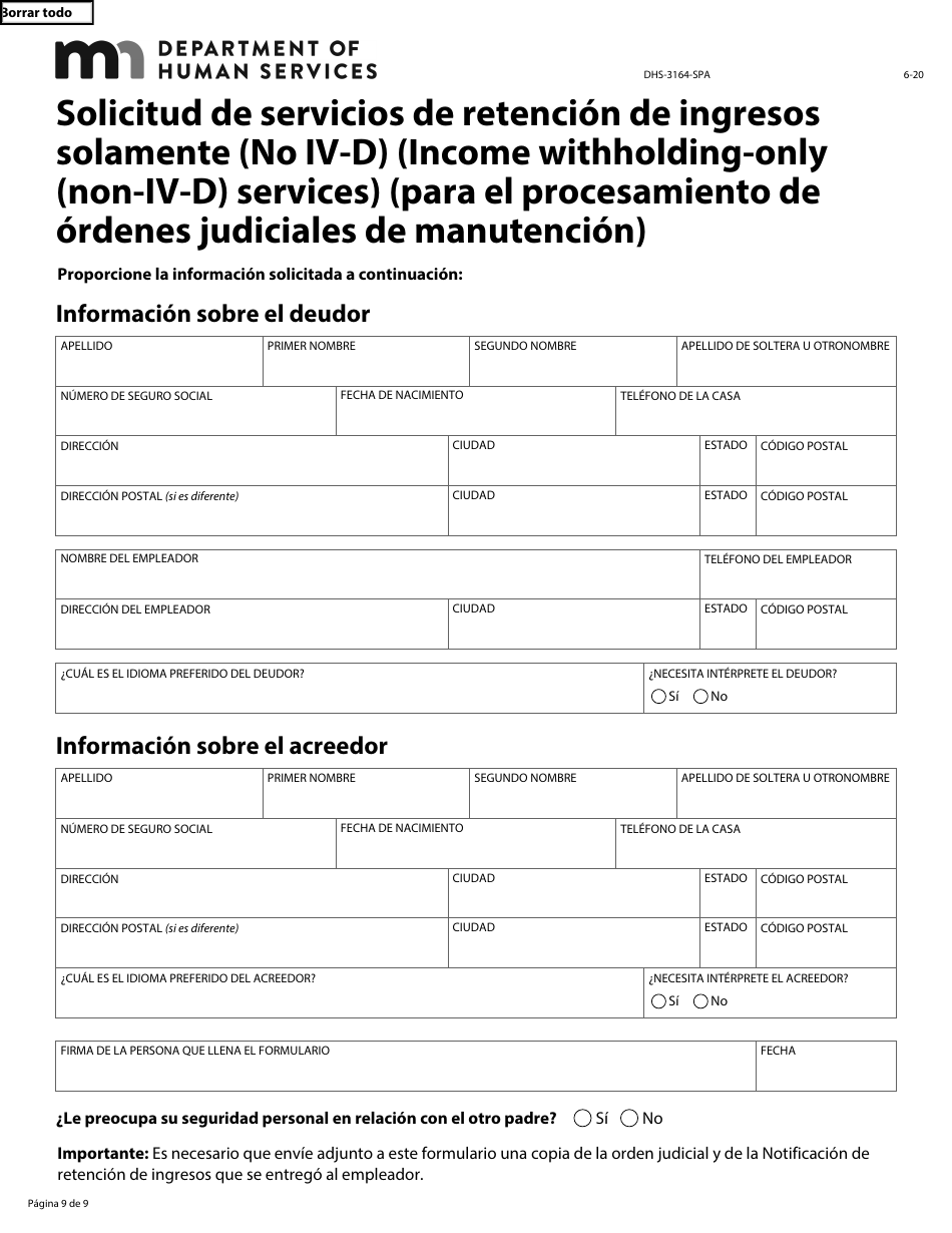 Formulario DHS-3164-SPA Solicitud De Servicios De Retencion De Ingresos Solamente (No IV-D) (Para El Procesamiento De Ordenes Judiciales De Manutencion) - Minnesota (Spanish), Page 9