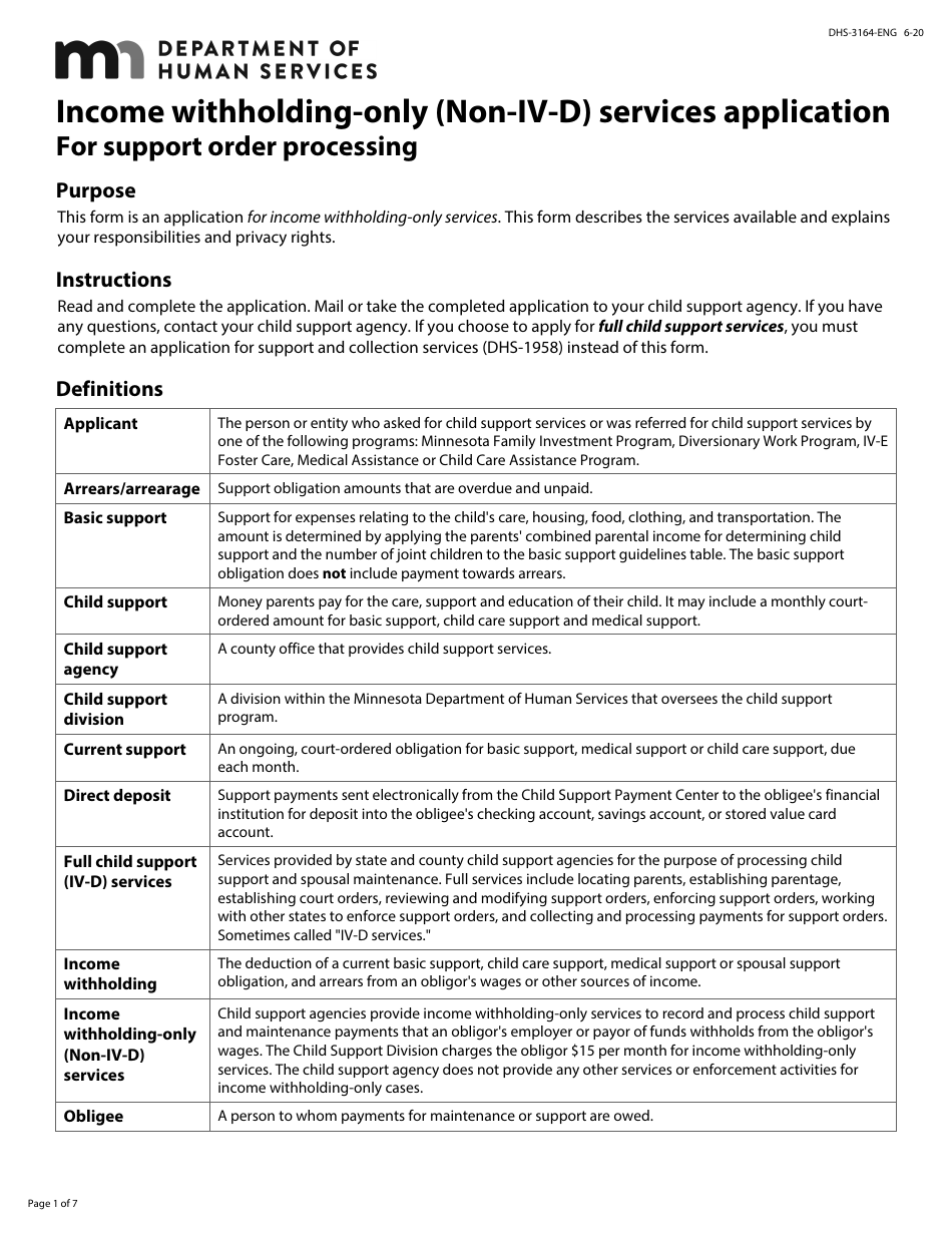 Form DHS-3164-ENG Income Withholding-Only (Non-IV-D) Services Application (For Support Order Processing) - Minnesota, Page 1