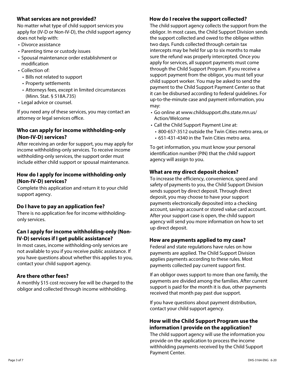 Form DHS-3164-ENG Income Withholding-Only (Non-IV-D) Services Application (For Support Order Processing) - Minnesota, Page 3