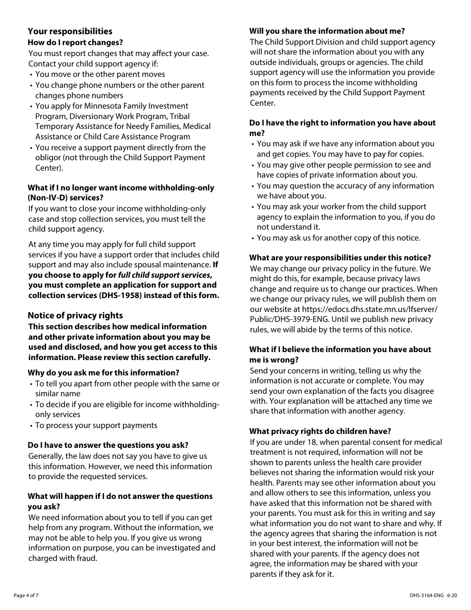 Form DHS-3164-ENG Income Withholding-Only (Non-IV-D) Services Application (For Support Order Processing) - Minnesota, Page 4