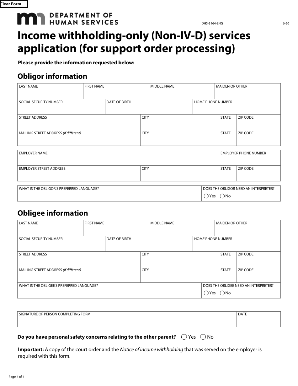Form DHS-3164-ENG Income Withholding-Only (Non-IV-D) Services Application (For Support Order Processing) - Minnesota, Page 7