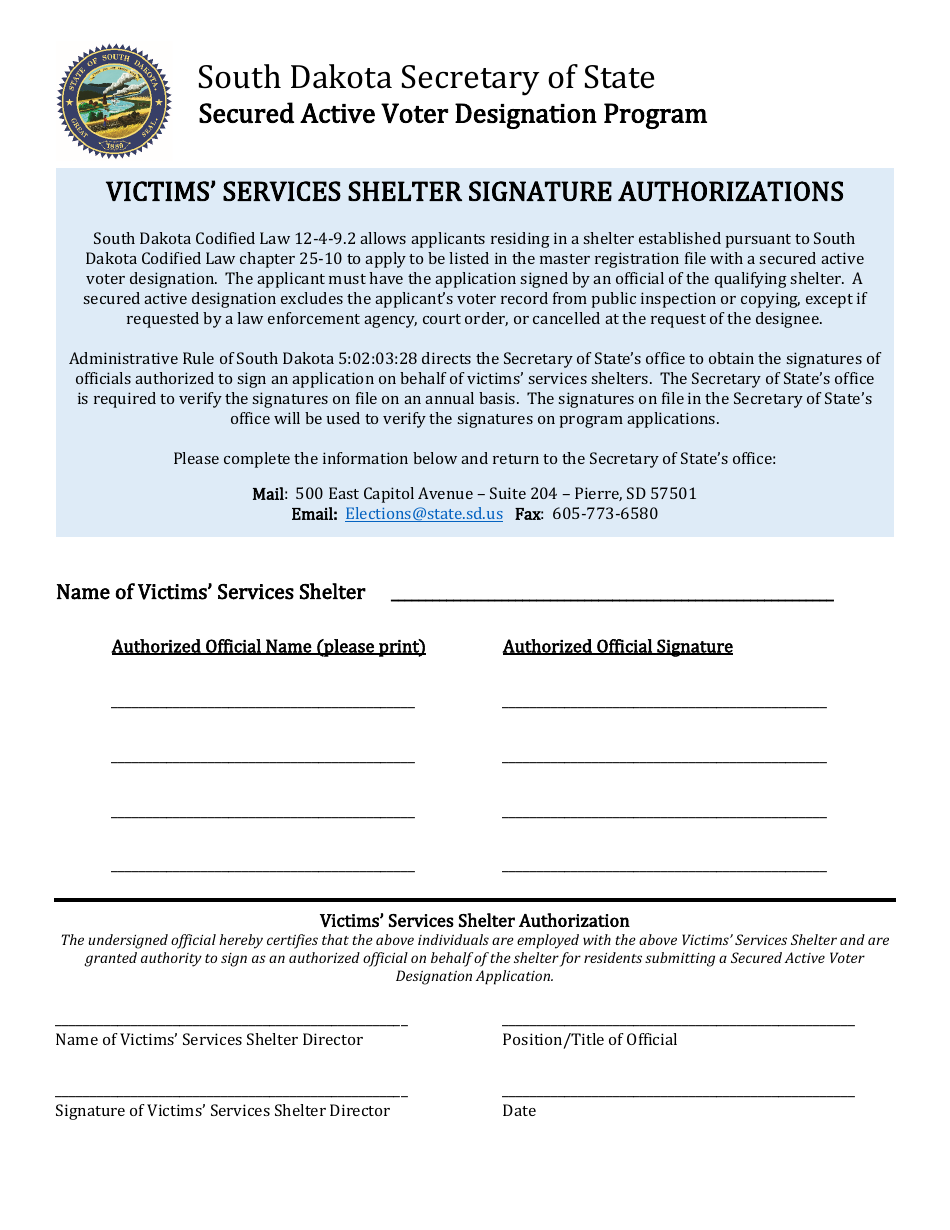Victims Services Shelter Signature Authorizations - Secured Active Voter Designation Program - South Dakota, Page 1