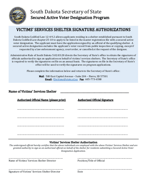 Victims' Services Shelter Signature Authorizations - Secured Active Voter Designation Program - South Dakota