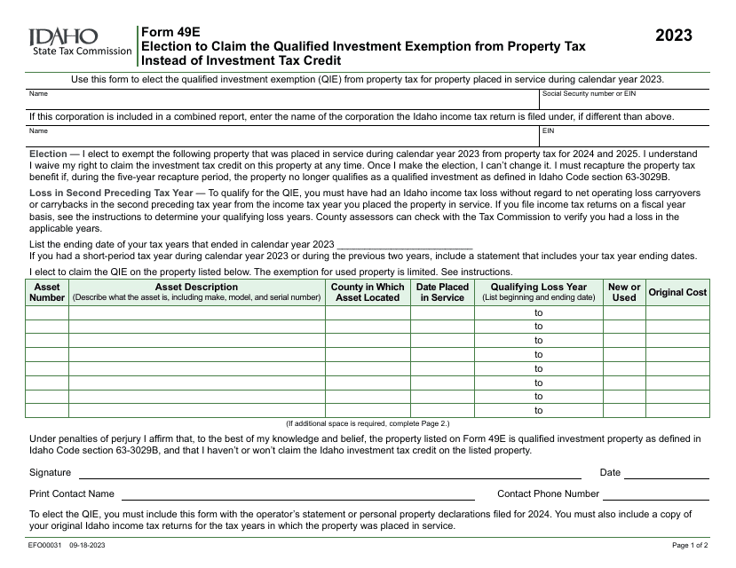 Form 49E (EFO00031) Election to Claim the Qualified Investment Exemption From Property Tax Instead of Investment Tax Credit - Idaho, 2023