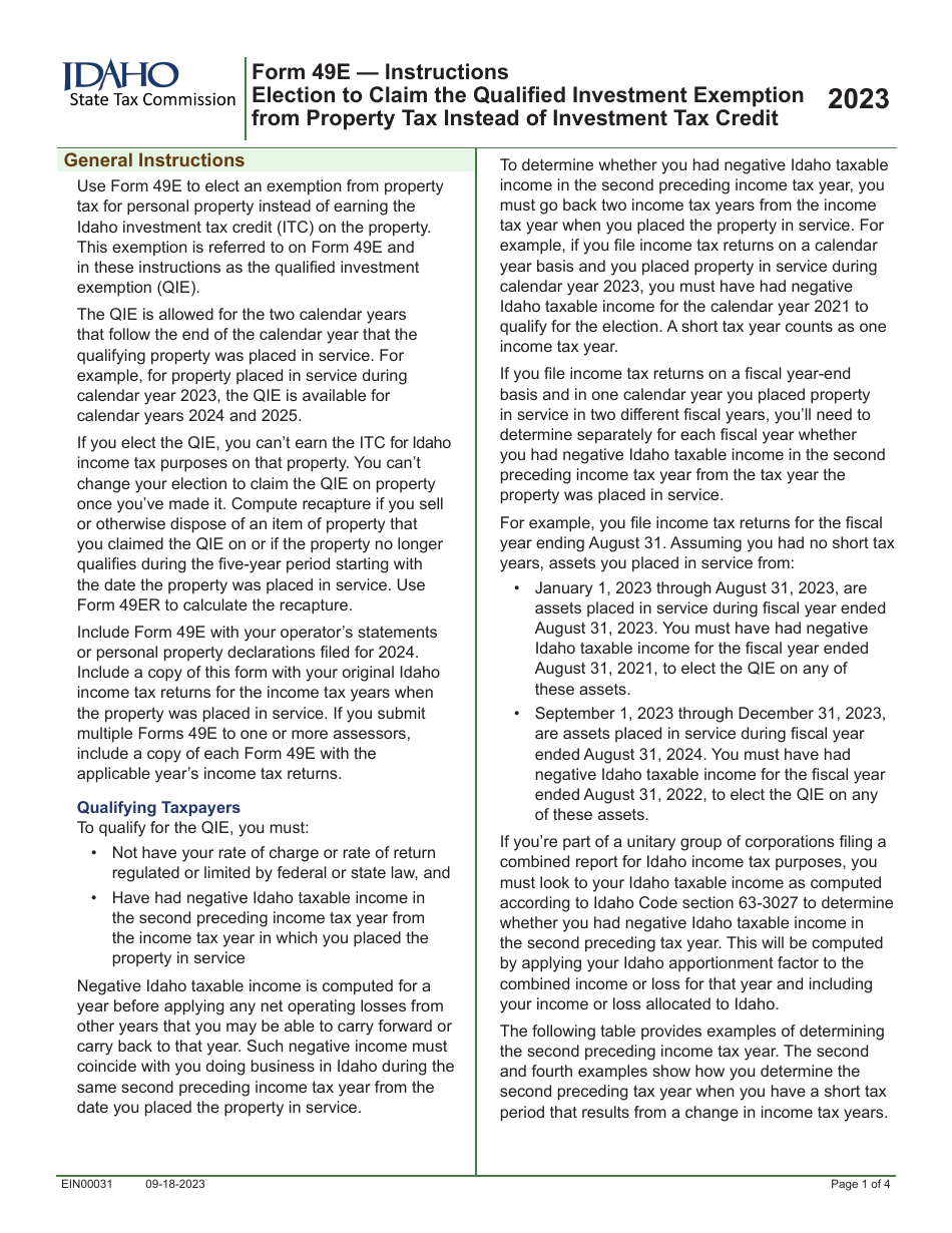Form 49E (EFO00031) Election to Claim the Qualified Investment Exemption From Property Tax Instead of Investment Tax Credit - Idaho, Page 3