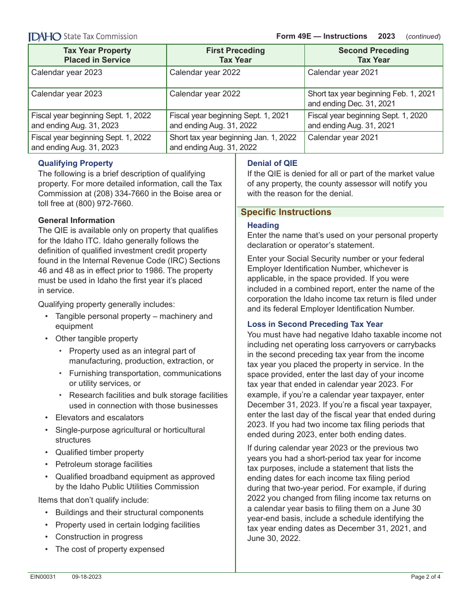Form 49E (EFO00031) Election to Claim the Qualified Investment Exemption From Property Tax Instead of Investment Tax Credit - Idaho, Page 4