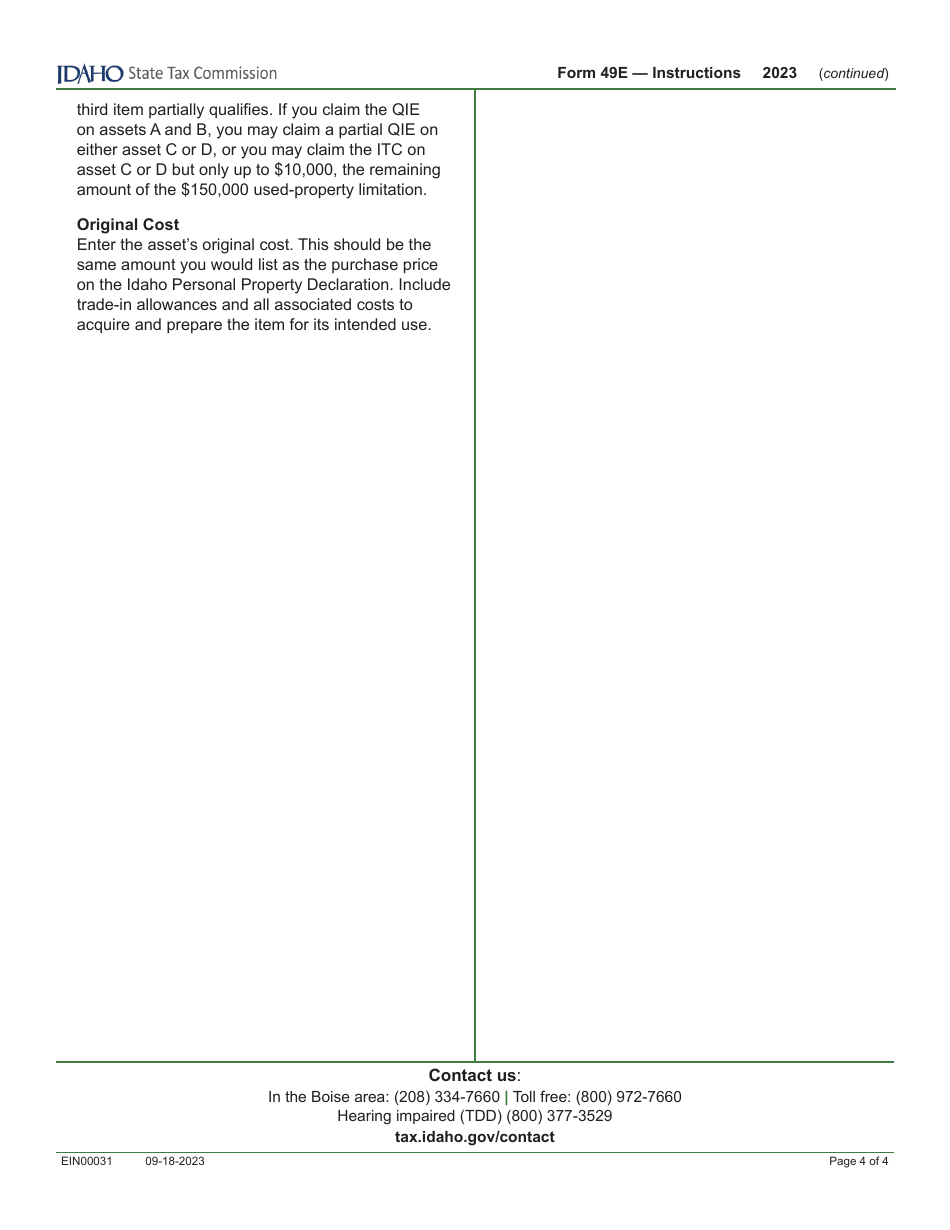 Form 49E (EFO00031) Election to Claim the Qualified Investment Exemption From Property Tax Instead of Investment Tax Credit - Idaho, Page 6