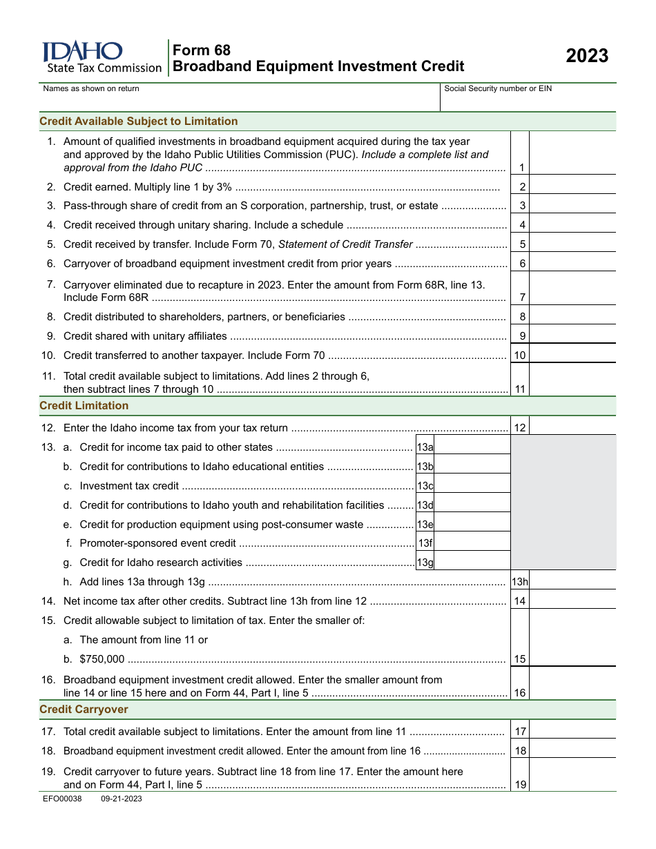 Form 68 (EFO00038) Broadband Equipment Investment Credit - Idaho, Page 1