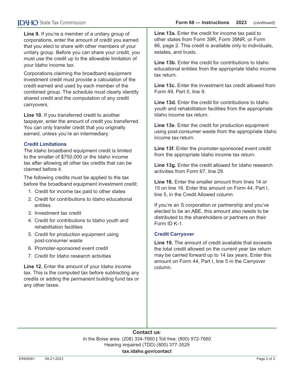 Form 68 (EFO00038) Broadband Equipment Investment Credit - Idaho, Page 3