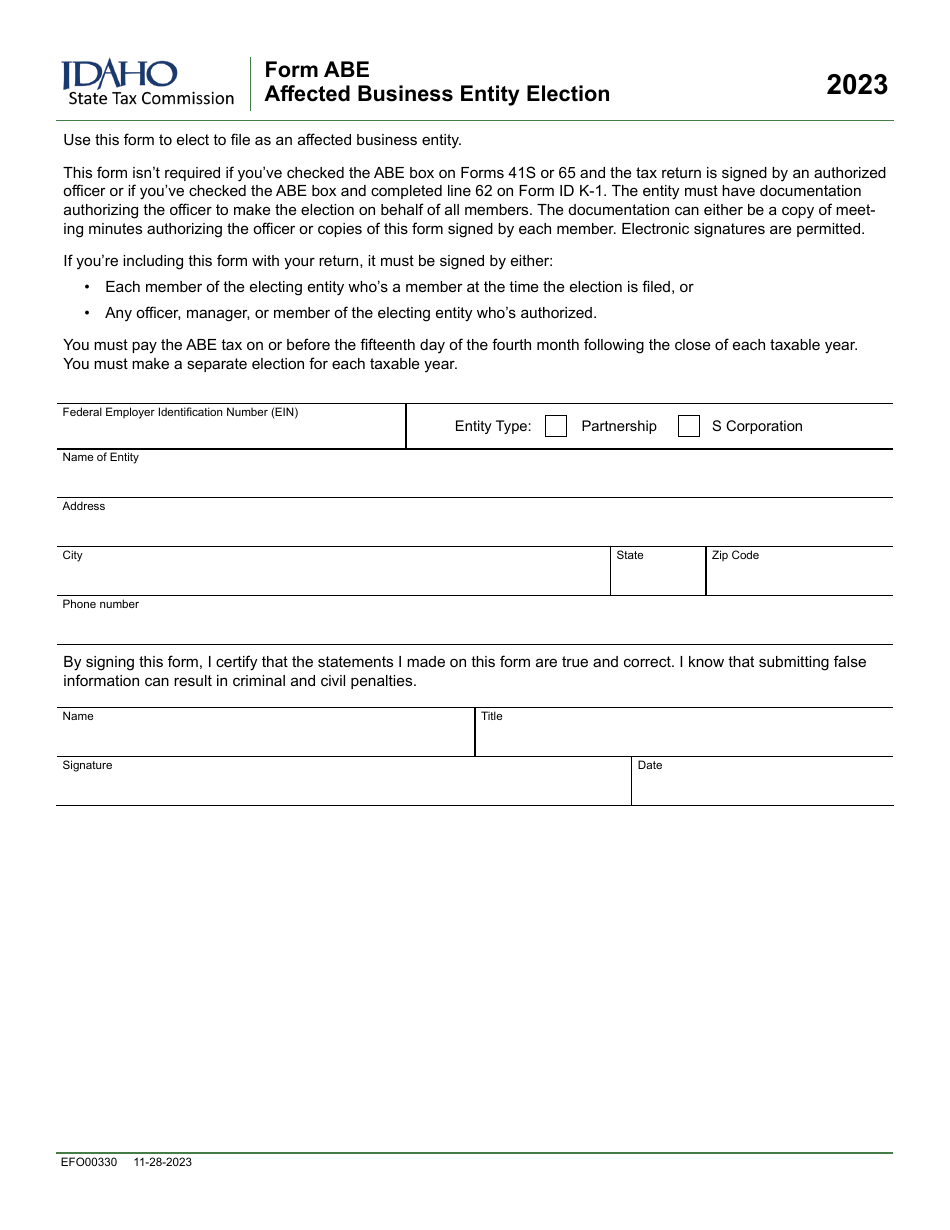 Form ABE (EFO00330) Affected Business Entity Election - Idaho, Page 1