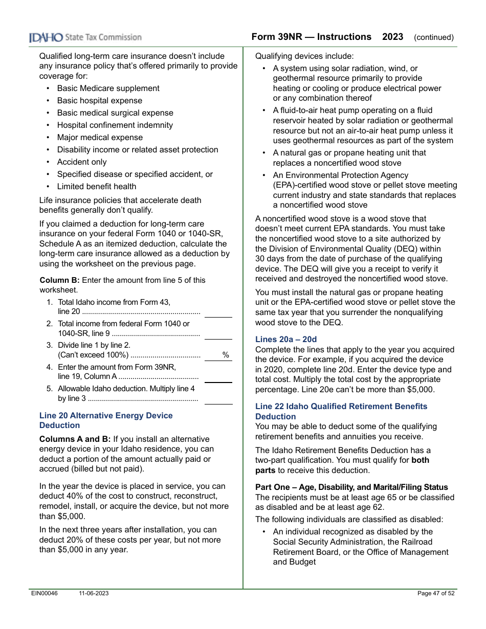 Form 39NR (EFO00087) Part-Year Resident and Nonresident Supplemental Schedule - Idaho, Page 10