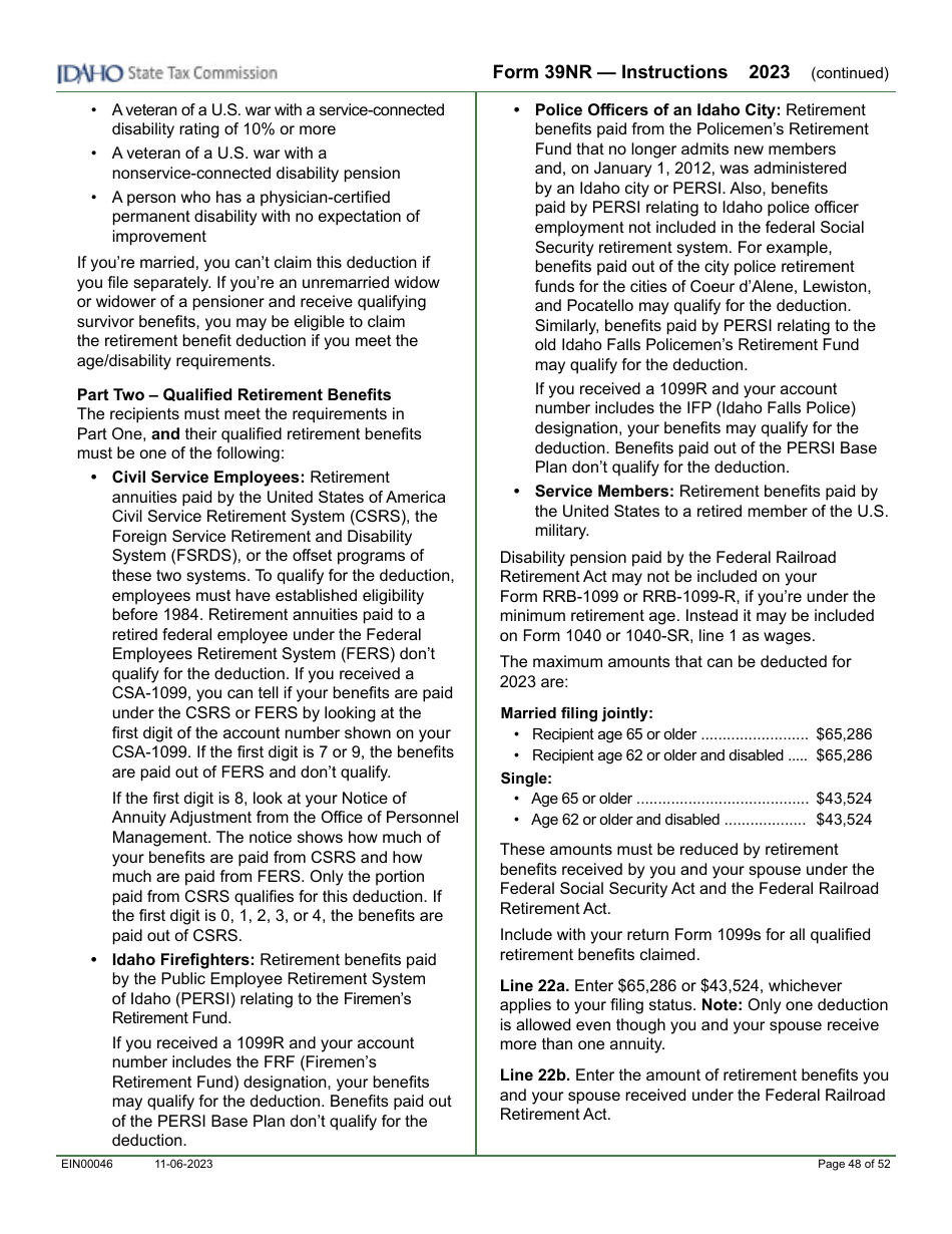 Form 39NR (EFO00087) Part-Year Resident and Nonresident Supplemental Schedule - Idaho, Page 11
