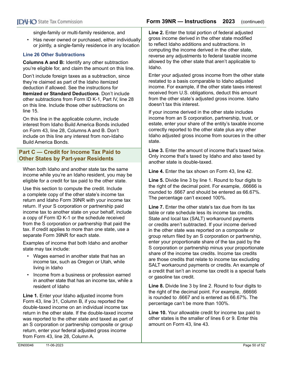 Form 39NR (EFO00087) Part-Year Resident and Nonresident Supplemental Schedule - Idaho, Page 13